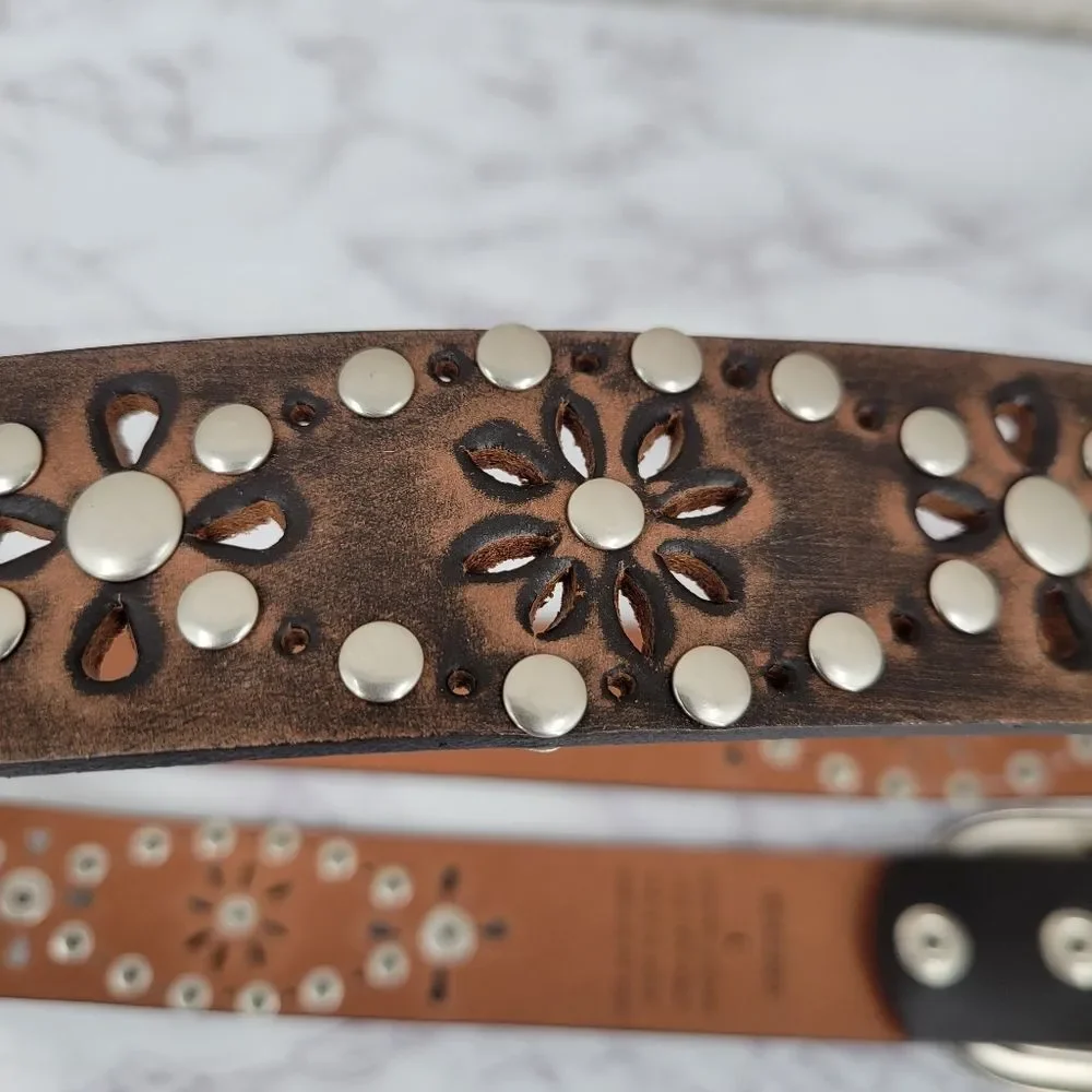 Brown Leather Studded Belt Floral Cutouts Oversized Silver Toned Oval Buckle